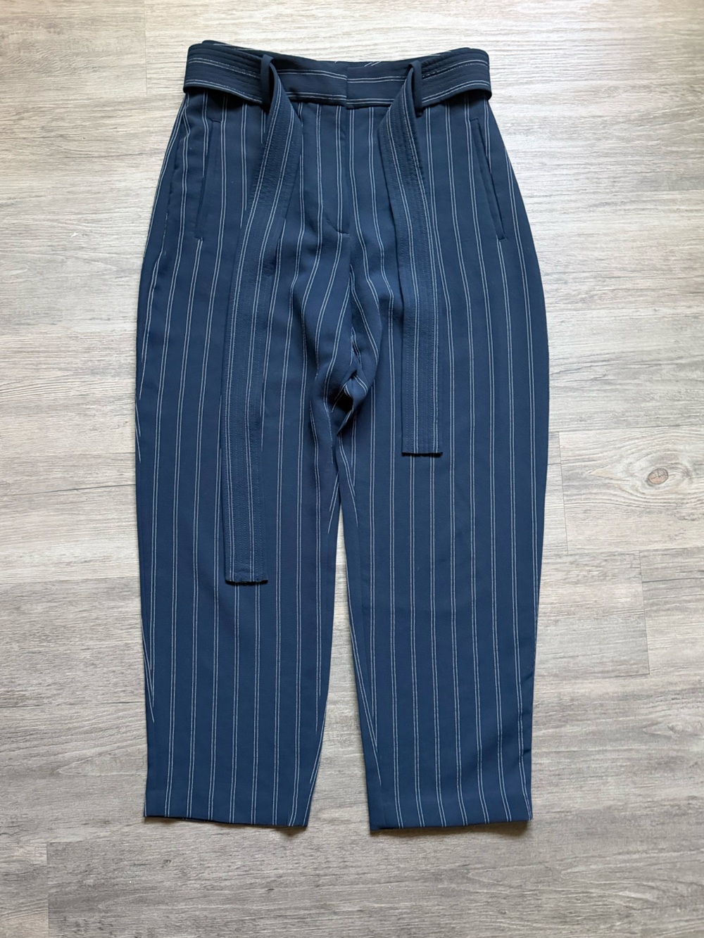 Wilfred Navy Pinstripe Trousers with Cream Trim